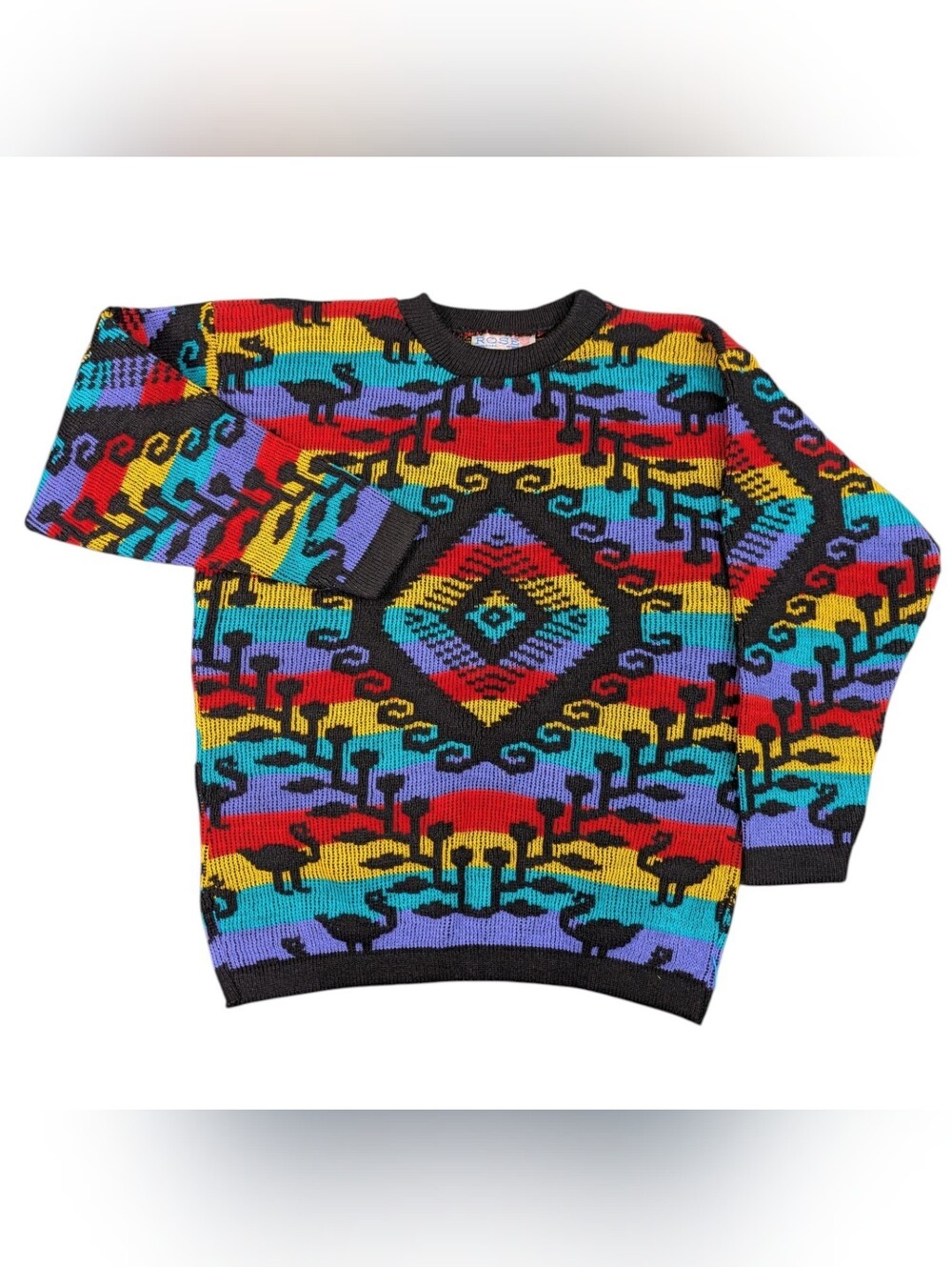 Vintage 80s Rose Brand Rainbow Geometric Knit Grandma Ugly Sweater Size Medium